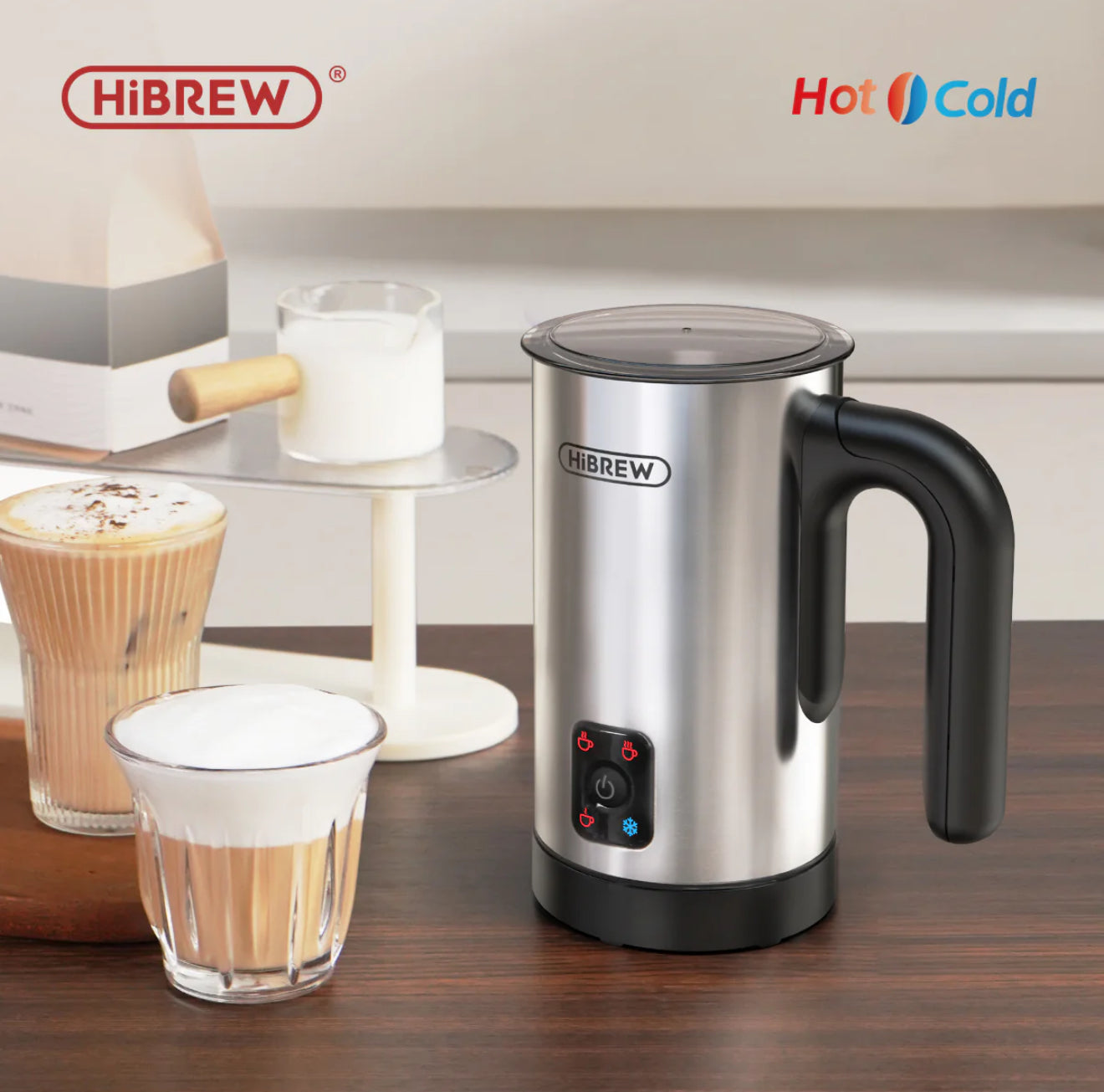 HiBREW M3A 4-in-1 Milchaufschäumer – Vollautomatischer Milchwärmer, Kalt-/Heißaufschäumung, 130 ml Kapazität, Antihaftbeschichtet, Präzise Temperaturkontrolle, Silber