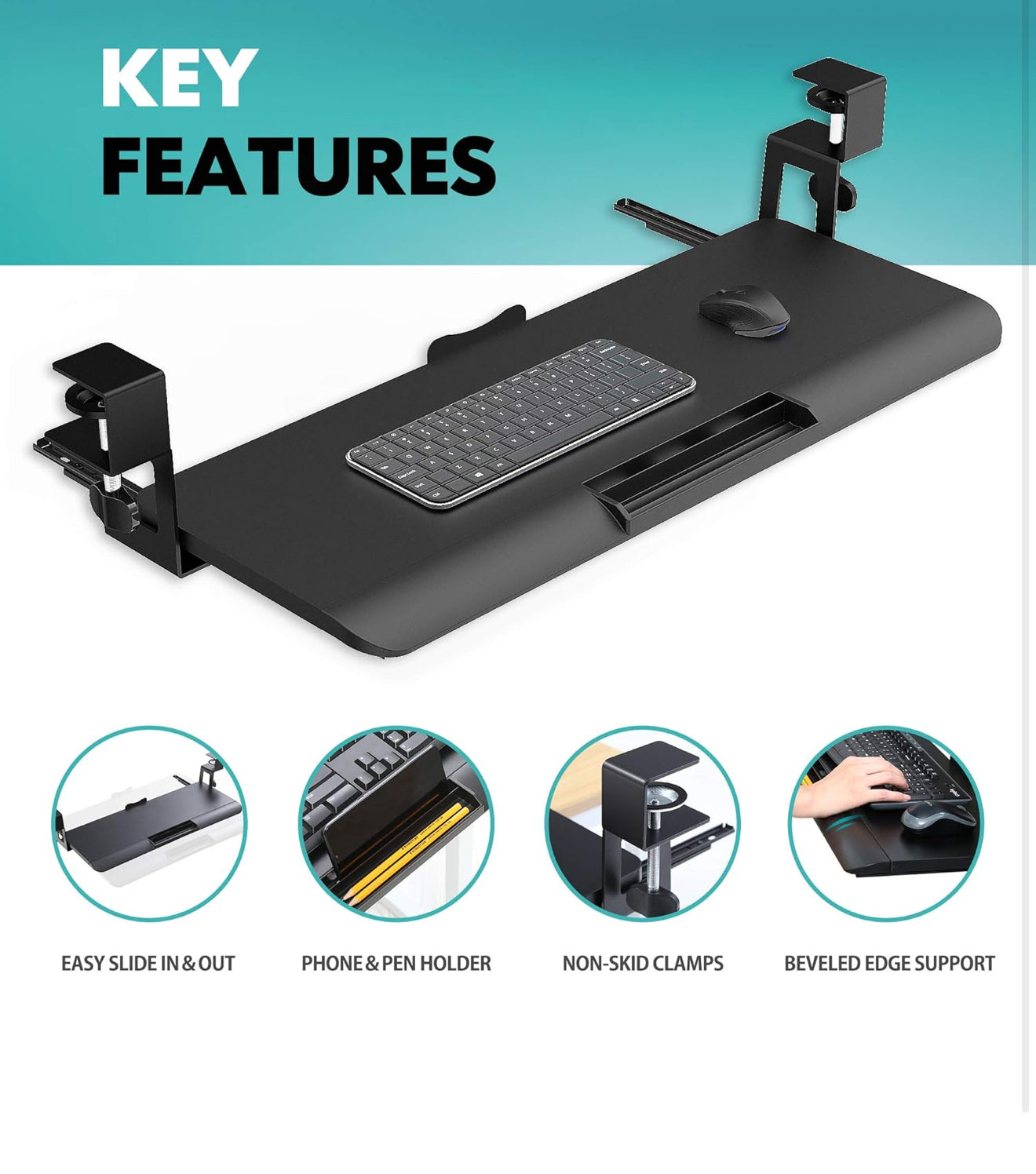 ALTIN™ Ausziehbare Tastaturablage unter dem Schreibtisch – Großes Format 65 x 25 cm – Mit C-Klemme, Ergonomisch & Stabil – Ideal für Arbeit & Gaming