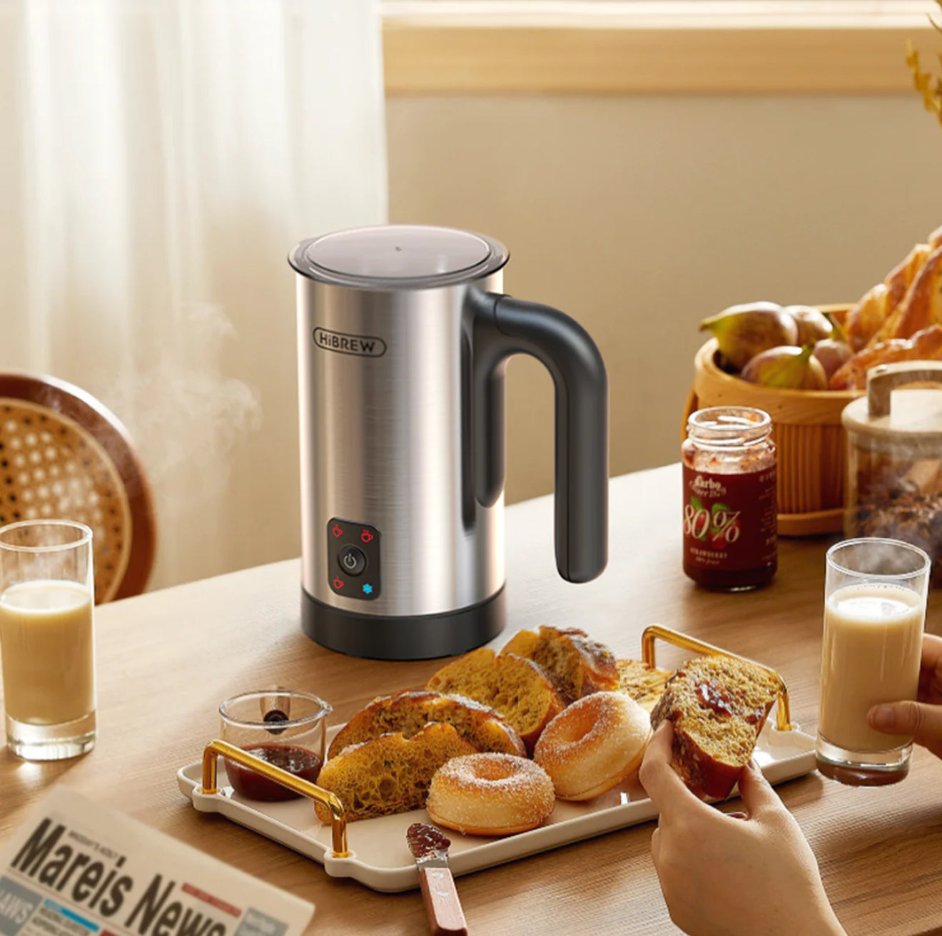 HiBREW M3A 4-in-1 Milchaufschäumer – Vollautomatischer Milchwärmer, Kalt-/Heißaufschäumung, 130 ml Kapazität, Antihaftbeschichtet, Präzise Temperaturkontrolle, Silber