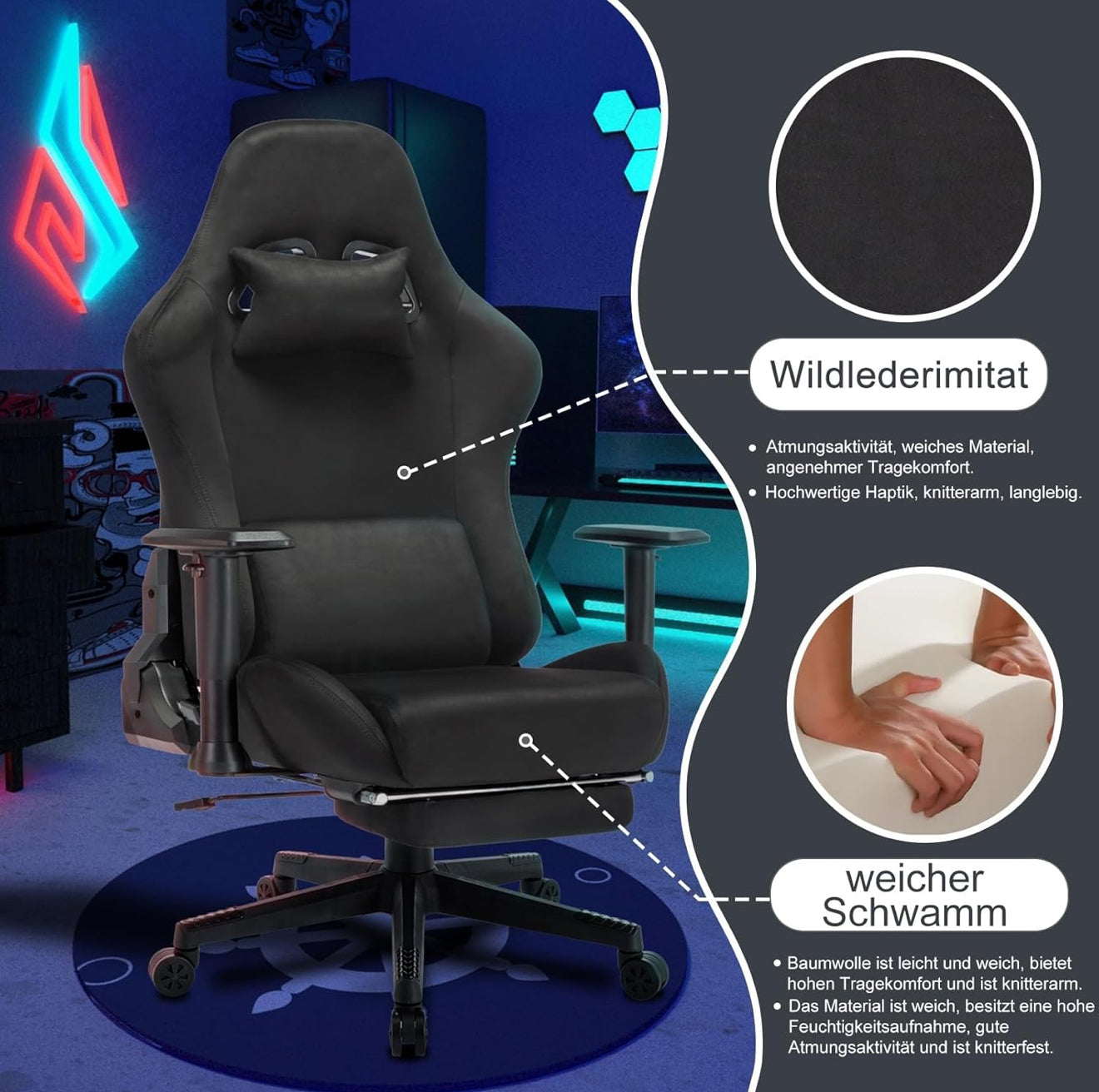 Gaming Stuhl ergonomisch | PC Stuhl, höhenverstellbar, drehbar, Fußstütze, 4 Farben