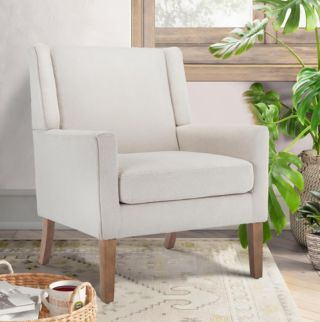 Moderner Akzentstuhl in Beige, Blau, F Blau & Hellgrau – Ergonomisch gepolstert, mit Holzfüßen, hoher Rückenlehne & 150 kg Tragkraft