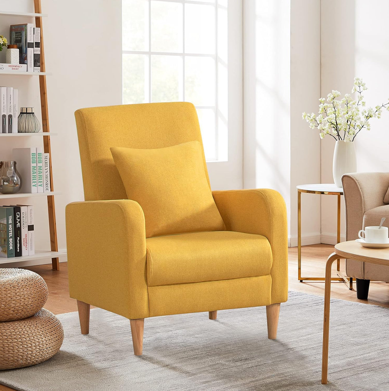 COLAMY Einzelsessel – Moderner Polstersessel mit Holzbeinen, Memory-Schaum & ergonomischer Rückenlehne – 5 Farben verfügbar (Gelb, Beige, Blau, Grau , Creme )