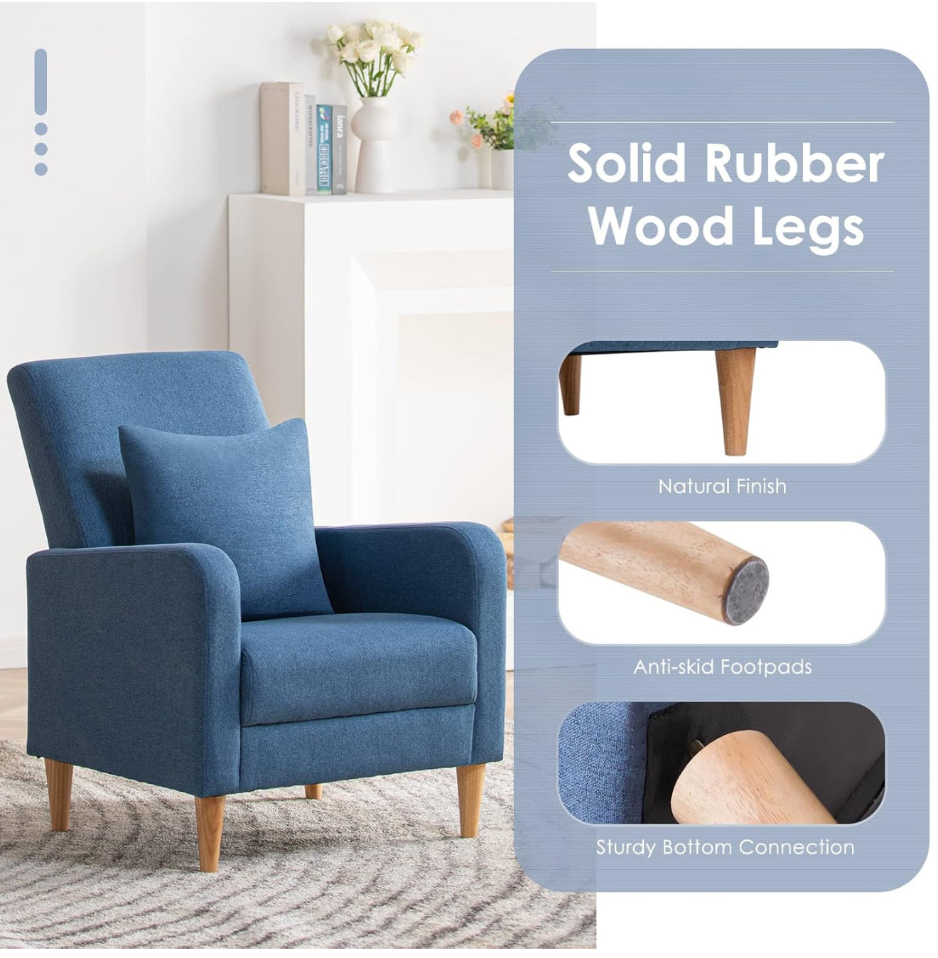 Moderner Akzentstuhl in Beige, Blau, F Blau & Hellgrau – Ergonomisch gepolstert, mit Holzfüßen, hoher Rückenlehne & 150 kg Tragkraft