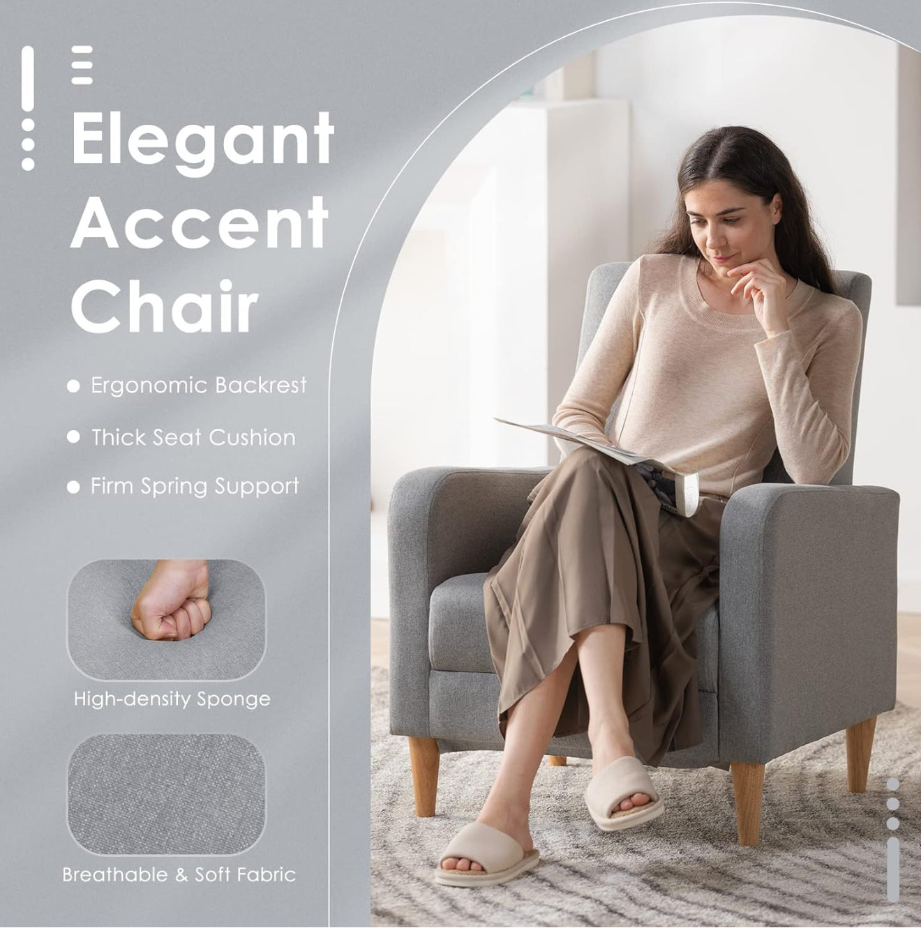 COLAMY Einzelsessel – Moderner Polstersessel mit Holzbeinen, Memory-Schaum & ergonomischer Rückenlehne – 5 Farben verfügbar (Gelb, Beige, Blau, Grau , Creme )