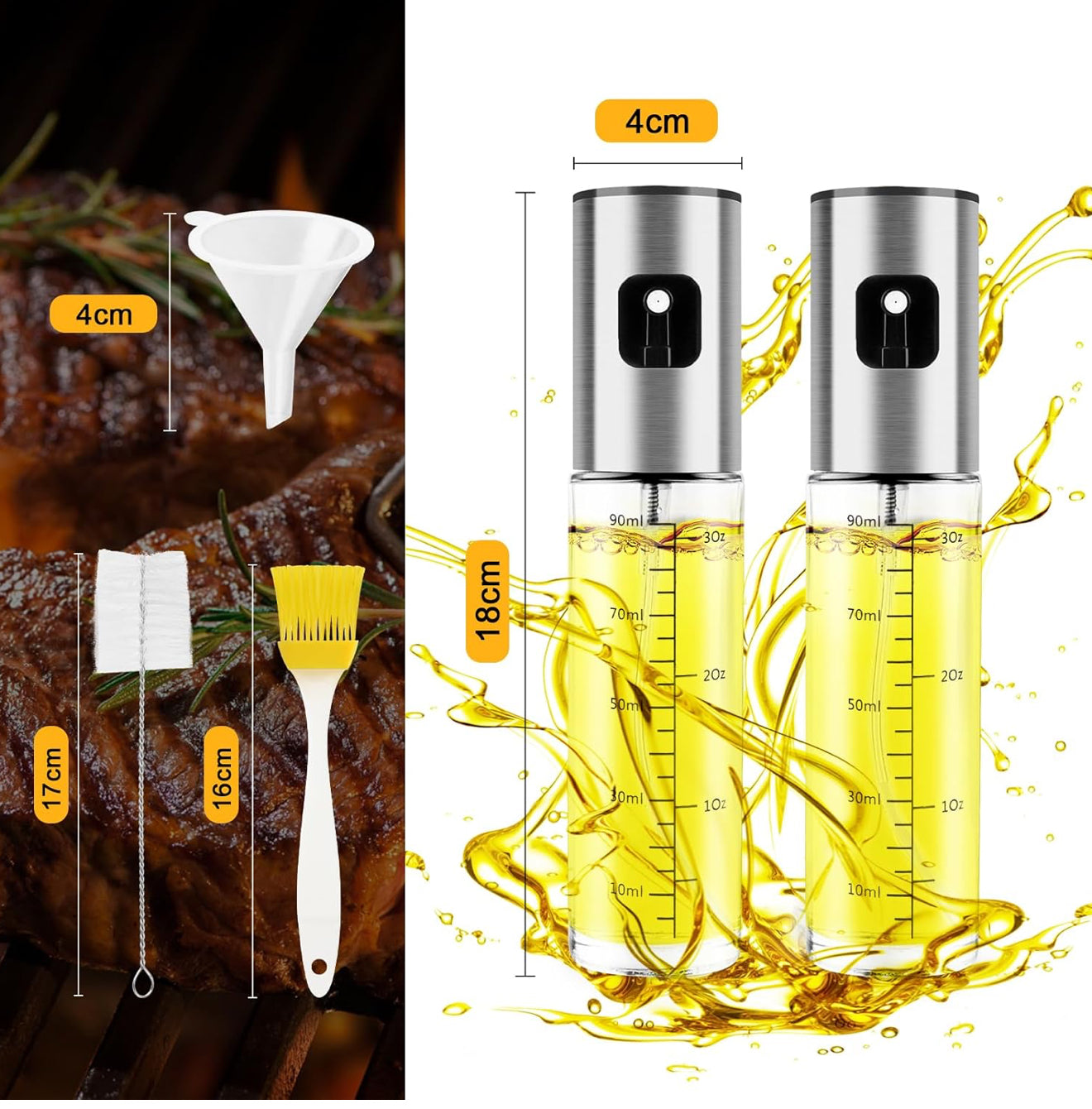 Öl Sprüher Set 2×100ml Glas + Ölpinsel | Nachfüllbar, Grillen, Salat, Küche