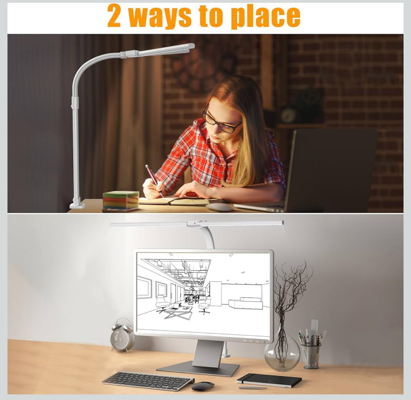 LOTTBUTY LED Schreibtischlampe 24W, Dimmbar, 80cm, Doppelkopf, Klemmlampe, Tageslicht, Weiß , Augenschutz