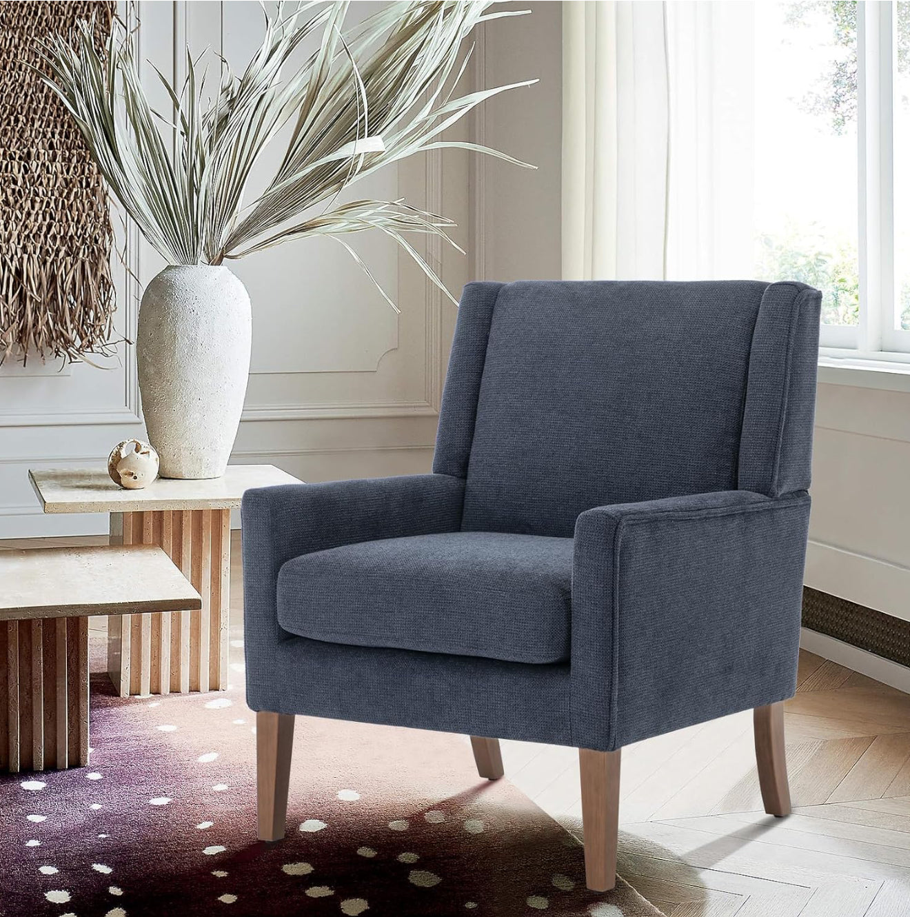 Moderner Akzentstuhl in Beige, Blau, F Blau & Hellgrau – Ergonomisch gepolstert, mit Holzfüßen, hoher Rückenlehne & 150 kg Tragkraft
