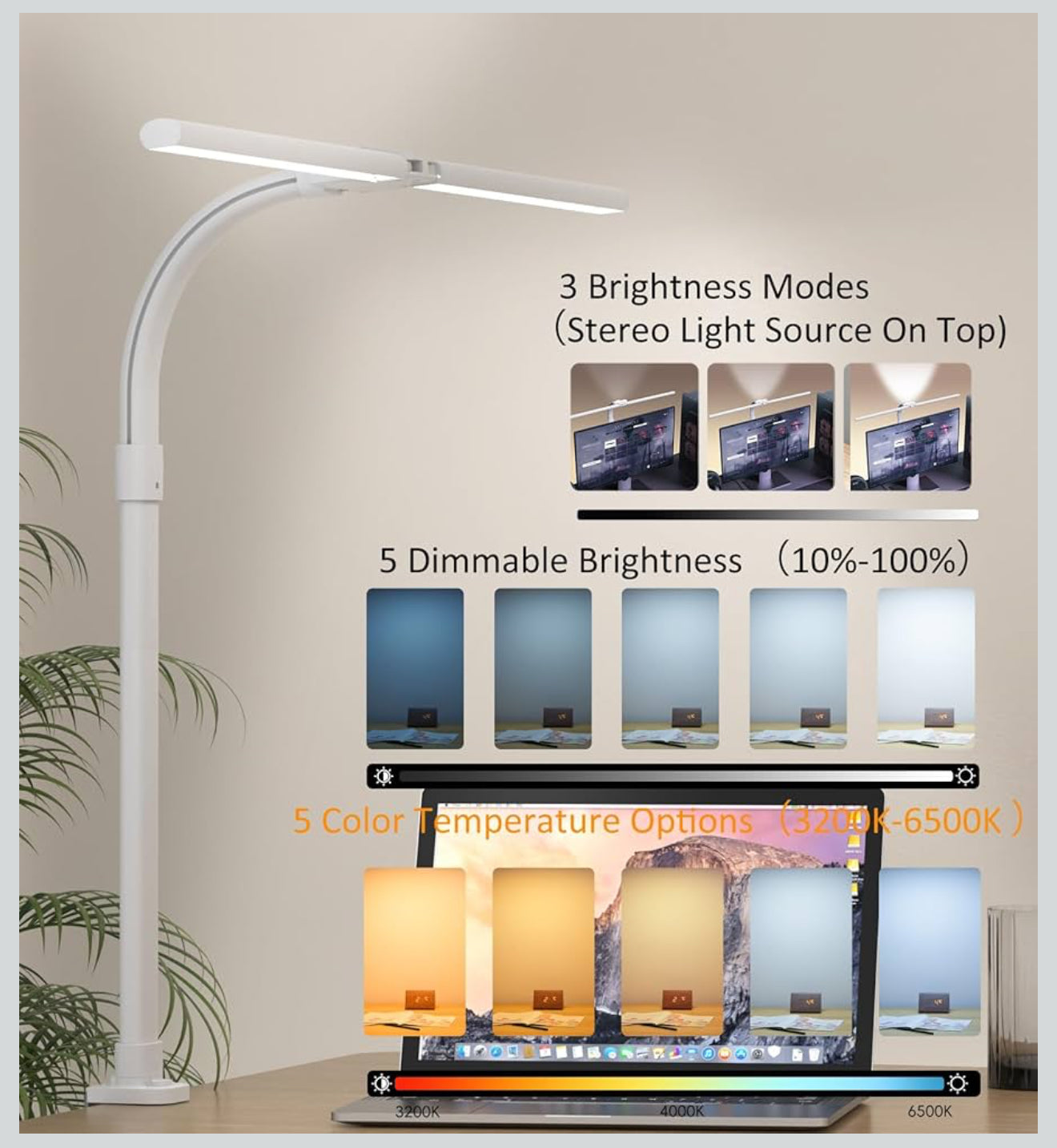 LOTTBUTY LED Schreibtischlampe 24W, Dimmbar, 80cm, Doppelkopf, Klemmlampe, Tageslicht, Weiß , Augenschutz