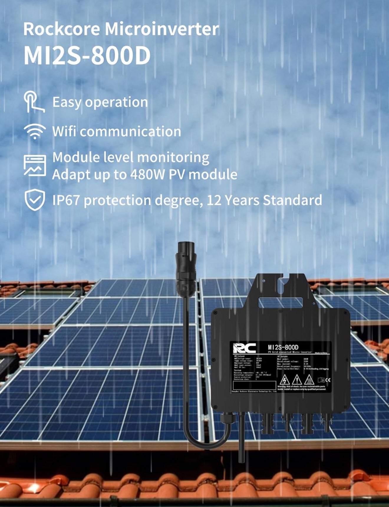 RC Mikroinverter 800W Solar Wechselrichter, 26–60V DC, MPPT, WiFi/Bluetooth, IP67, Balkonkraftwerk
