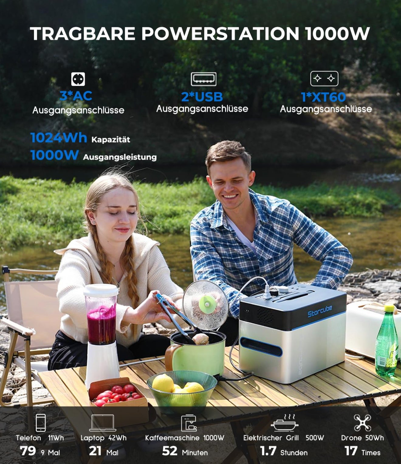 STORCUBE Power Hub für S1000 Tragbare Powerstation, Split-Wechselrichter mit 1000 W / 3X AC-Ausgänge, 2X USB-Anschlüsse, 600W max. Solareingang