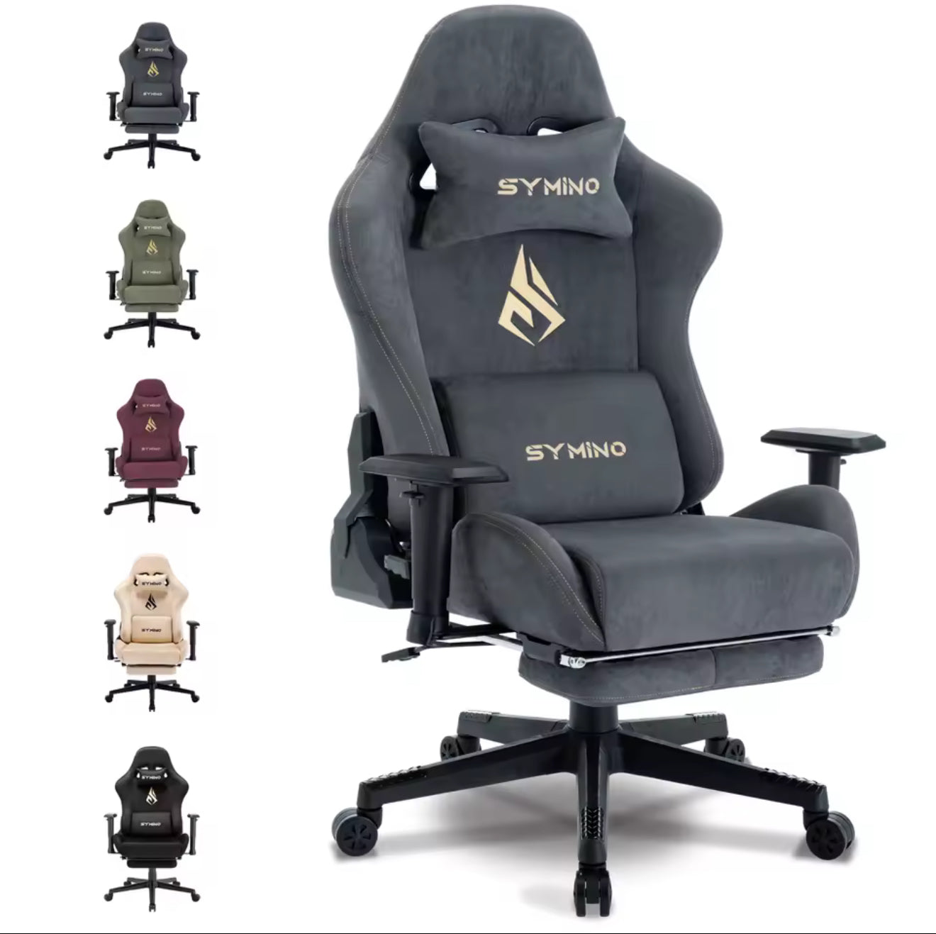 Symino—Gaming Stuhl ergonomisch | PC Stuhl, höhenverstellbar, drehbar, Fußstütze, 4 Farben