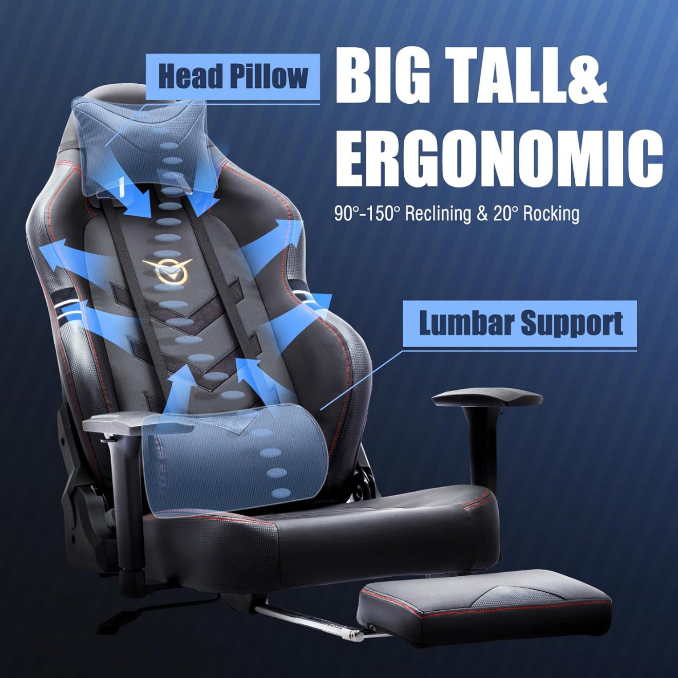 Ergonomischer Gaming-Stuhl mit Fußstütze – 159 kg belastbar, PU-Leder, große Sitzfläche, 3D-Armlehnen, verstellbare Rückenlehne (bis 150°), Home Office & Gaming