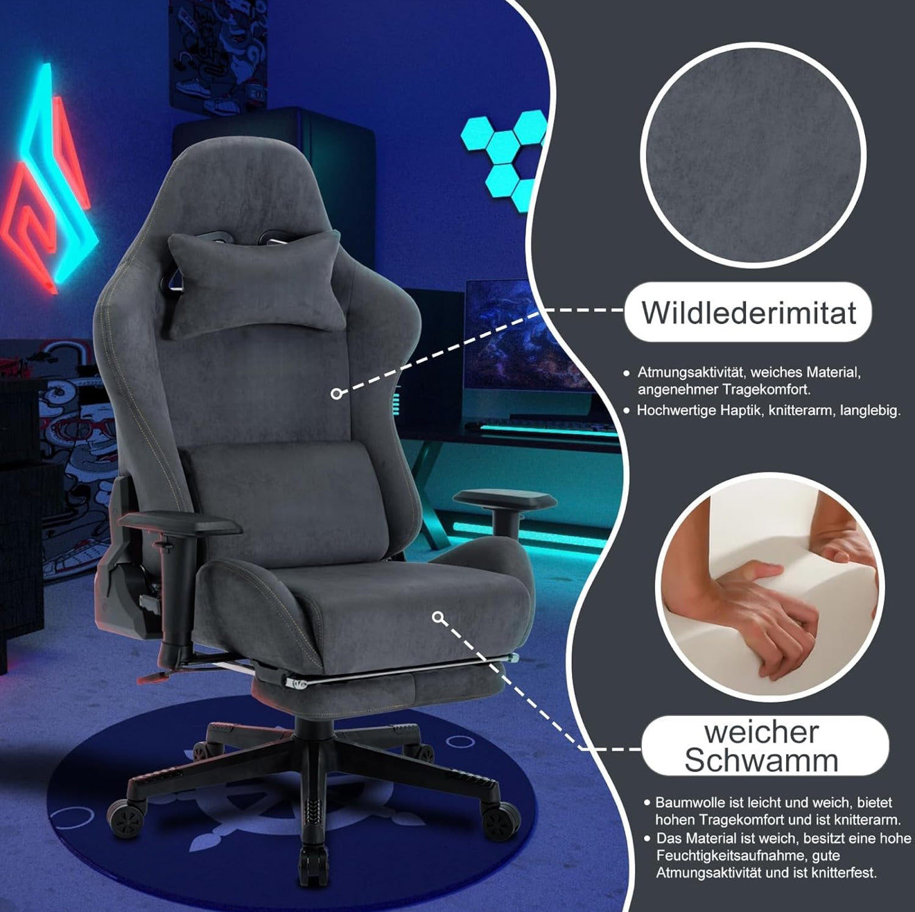 Gaming Stuhl ergonomisch | PC Stuhl, höhenverstellbar, drehbar, Fußstütze, 4 Farben