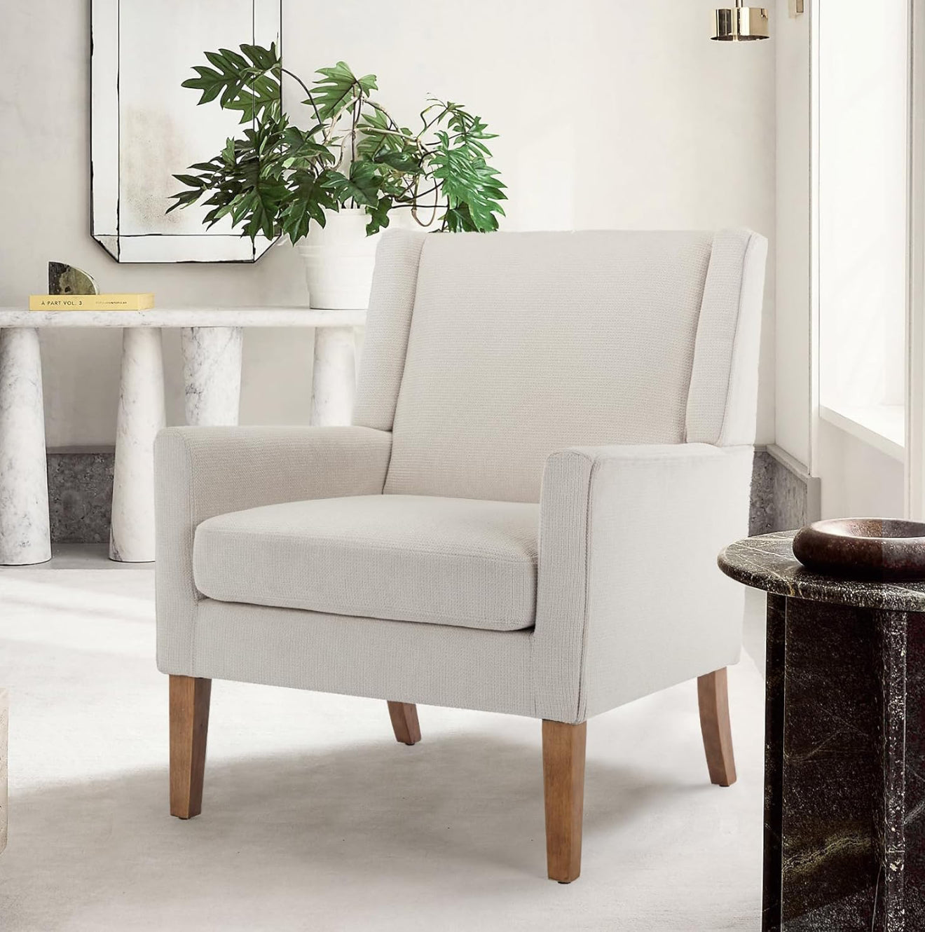 Moderner Akzentstuhl in Beige, Blau, F Blau & Hellgrau – Ergonomisch gepolstert, mit Holzfüßen, hoher Rückenlehne & 150 kg Tragkraft