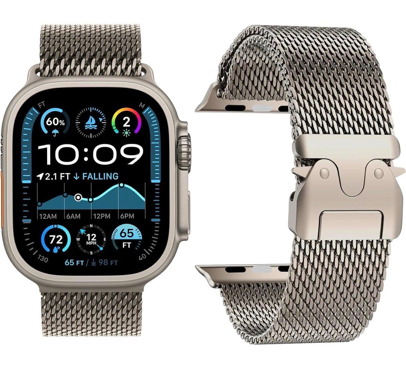 Apple Milanese Titan Milano Armband + Elastischer Titan Ring Unisex Set