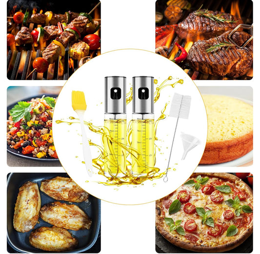 Öl Sprüher Set 2×100ml Glas + Ölpinsel | Nachfüllbar, Grillen, Salat, Küche