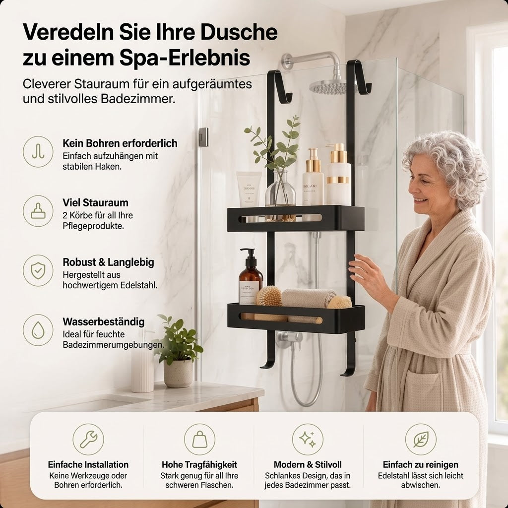 Duschregal Hängend 2 Etagen Schwarz Edelstahl 74cm Ohne Bohren mit Saugnäpfen