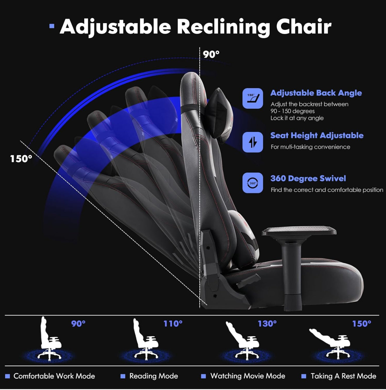 Ergonomischer Gaming- & Bürostuhl mit 4D-Armlehnen, 181 kg Belastbarkeit, verstellbarer Rückenlehne, Kopf- & Lendenkissen, Kunstleder – Versand kostenlos