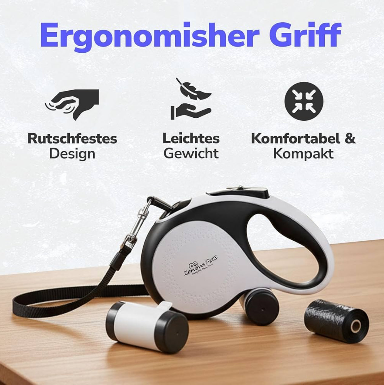 Hunde Rollleine 5m mit Kotbeutelhalter | Schnellbremse, rutschfest bis 30kg