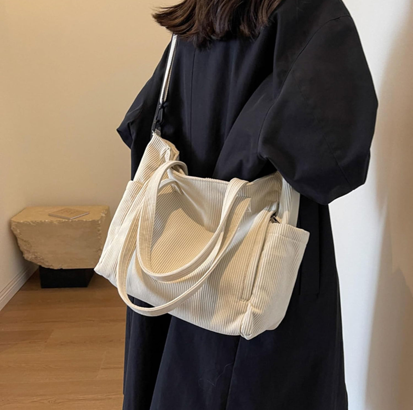 Cord Shopper Schultertasche Hobo Groß Schwarz/Beige mit Reißverschluss + Schlüsselanhänger