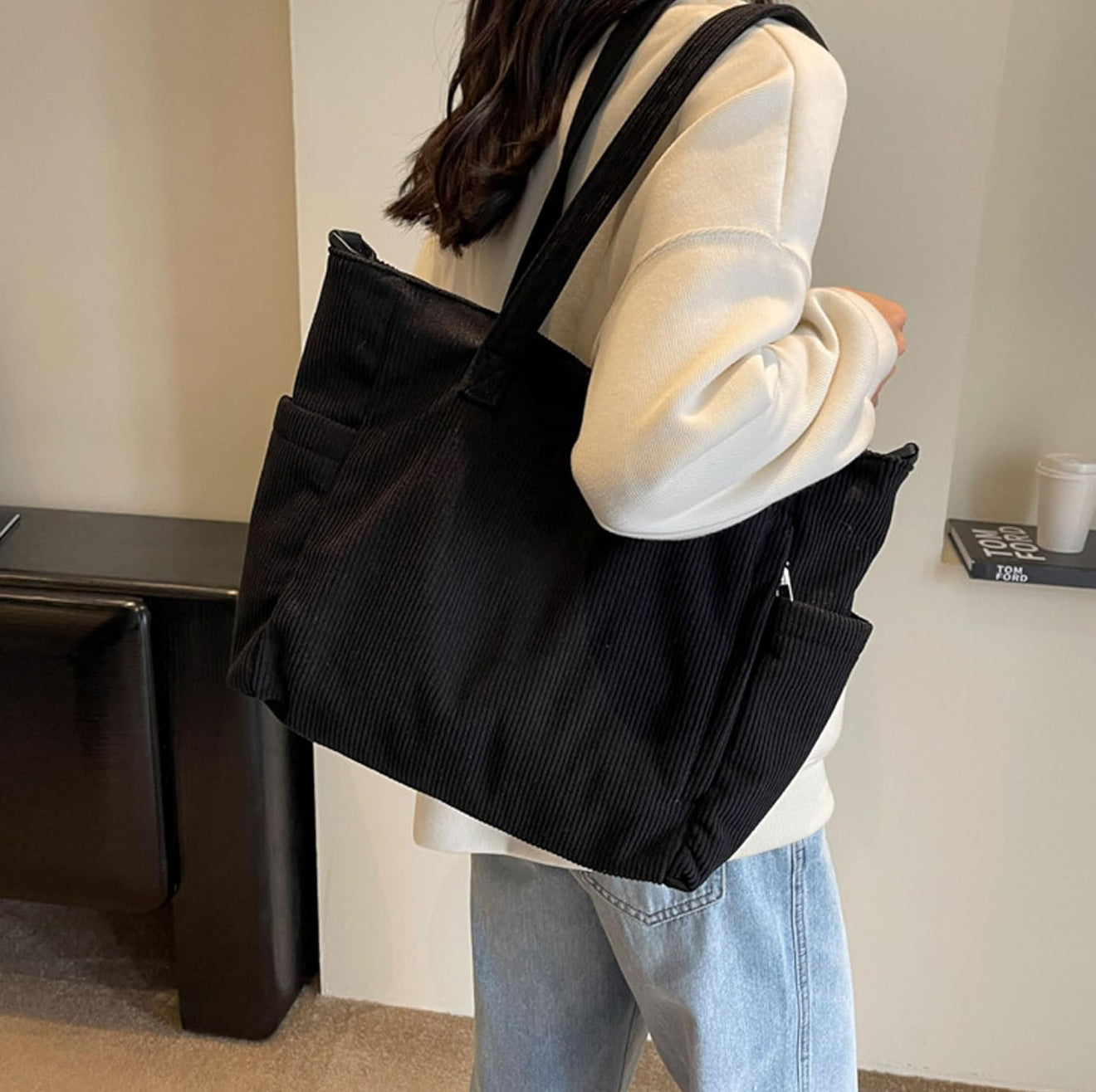 Cord Shopper Schultertasche Hobo Groß Schwarz/Beige mit Reißverschluss + Schlüsselanhänger