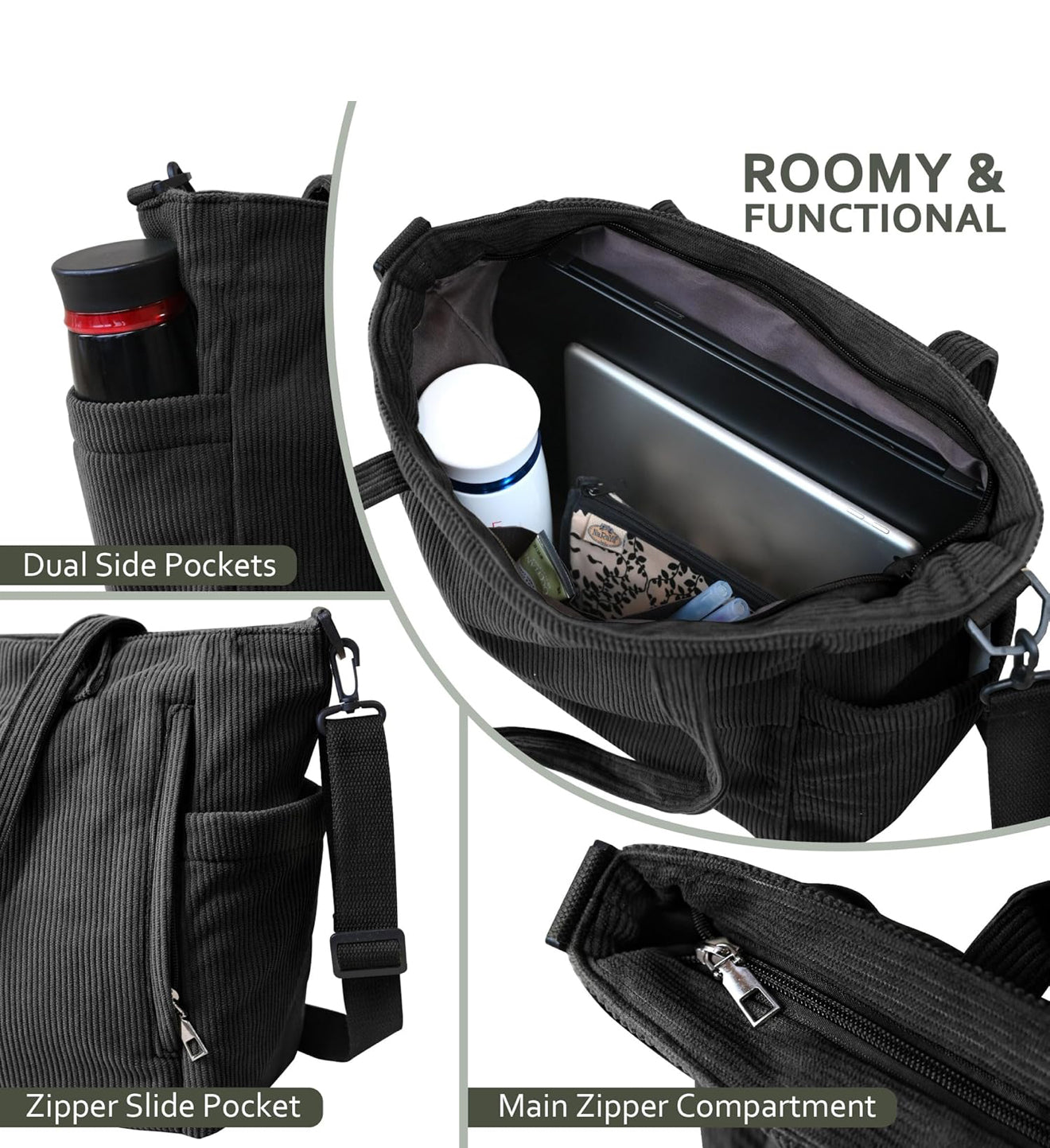 Cord Shopper Schultertasche Hobo Groß Schwarz/Beige mit Reißverschluss + Schlüsselanhänger