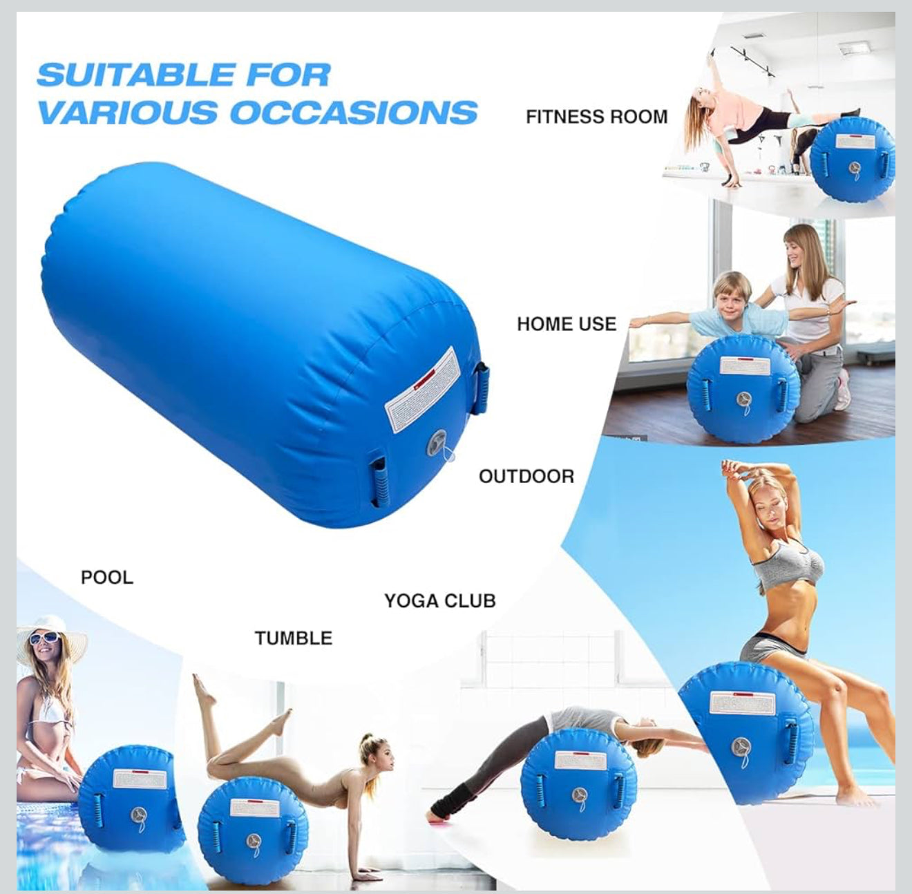 Aufblasbarer Gymnastik Air Roller Set – 100×60 cm – Inklusive 600 W Elektropumpe & Ventilschlüssel – Air Barrel Yoga Tumbling Matte