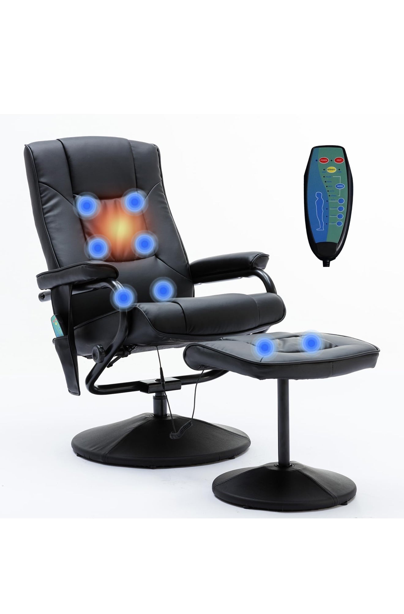 ALTIN™ Elektrischer Massagesessel mit Wärmefunktion – Liegefunktion, Fußhocker, 360° Drehbar, Kunstleder, Schwarz – Relax- & TV-Sessel mit Seitentasche