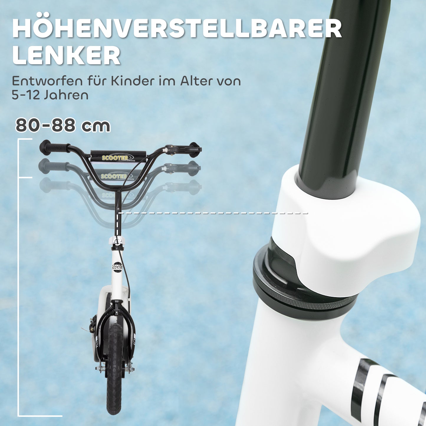 Kinderroller höhenverstellbar 5–12J, 12” Räder, Handbremse, Ständer