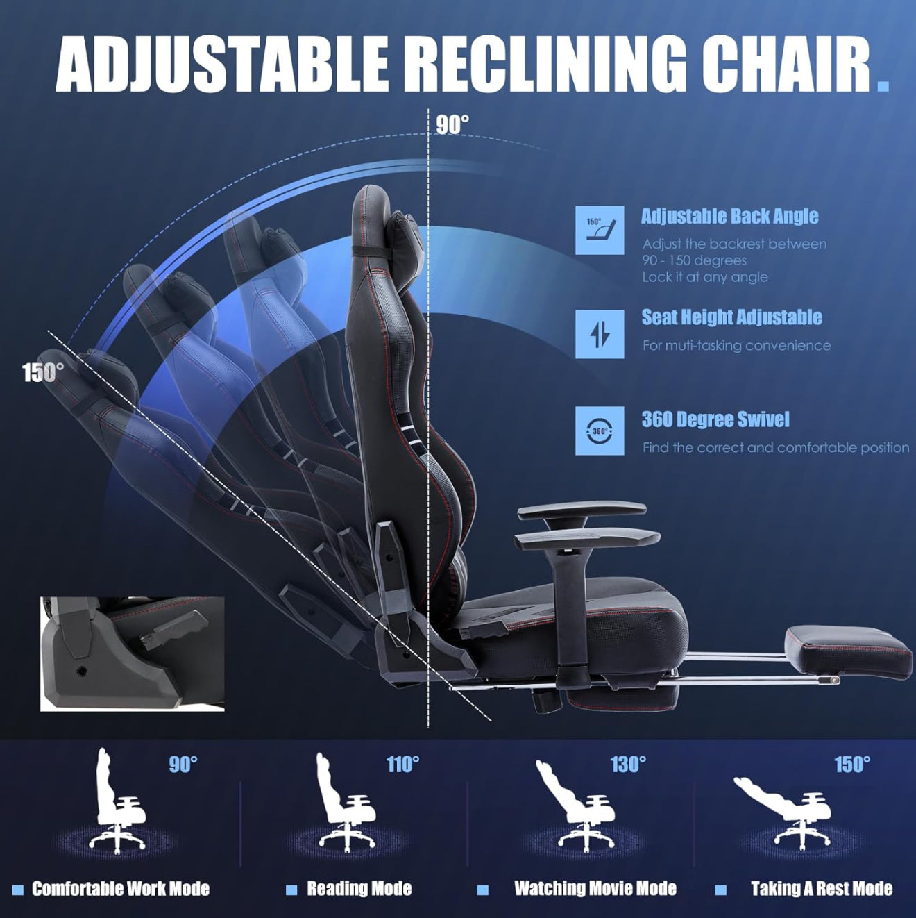 Ergonomischer Gaming-Stuhl mit Fußstütze – 159 kg belastbar, PU-Leder, große Sitzfläche, 3D-Armlehnen, verstellbare Rückenlehne (bis 150°), Home Office & Gaming