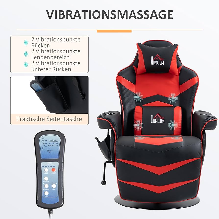 Gaming Massagesessel mit Fußstütze, 150° Lehne, Grau , Rot ,