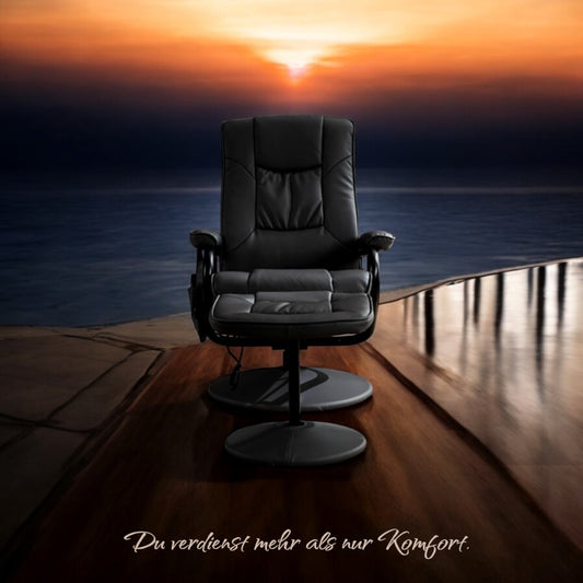 ALTIN™ Elektrischer Massagesessel mit Wärmefunktion – Liegefunktion, Fußhocker, 360° Drehbar, Kunstleder, Schwarz – Relax- & TV-Sessel mit Seitentasche