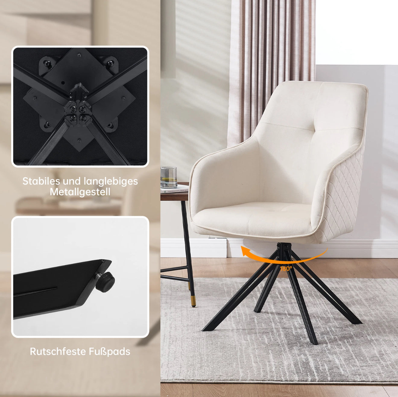 2er Set Drehbare Esszimmerstühle aus Samt – 180° Selbstrückstellung, Kapitoniertes Design – Grau oder Weiß – Kostenloser Versand