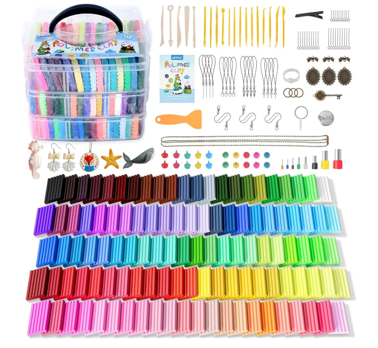ARTFLY 112 Farben Polymer Clay Set + 60 Zubehör Schmuck Modellier Kit
