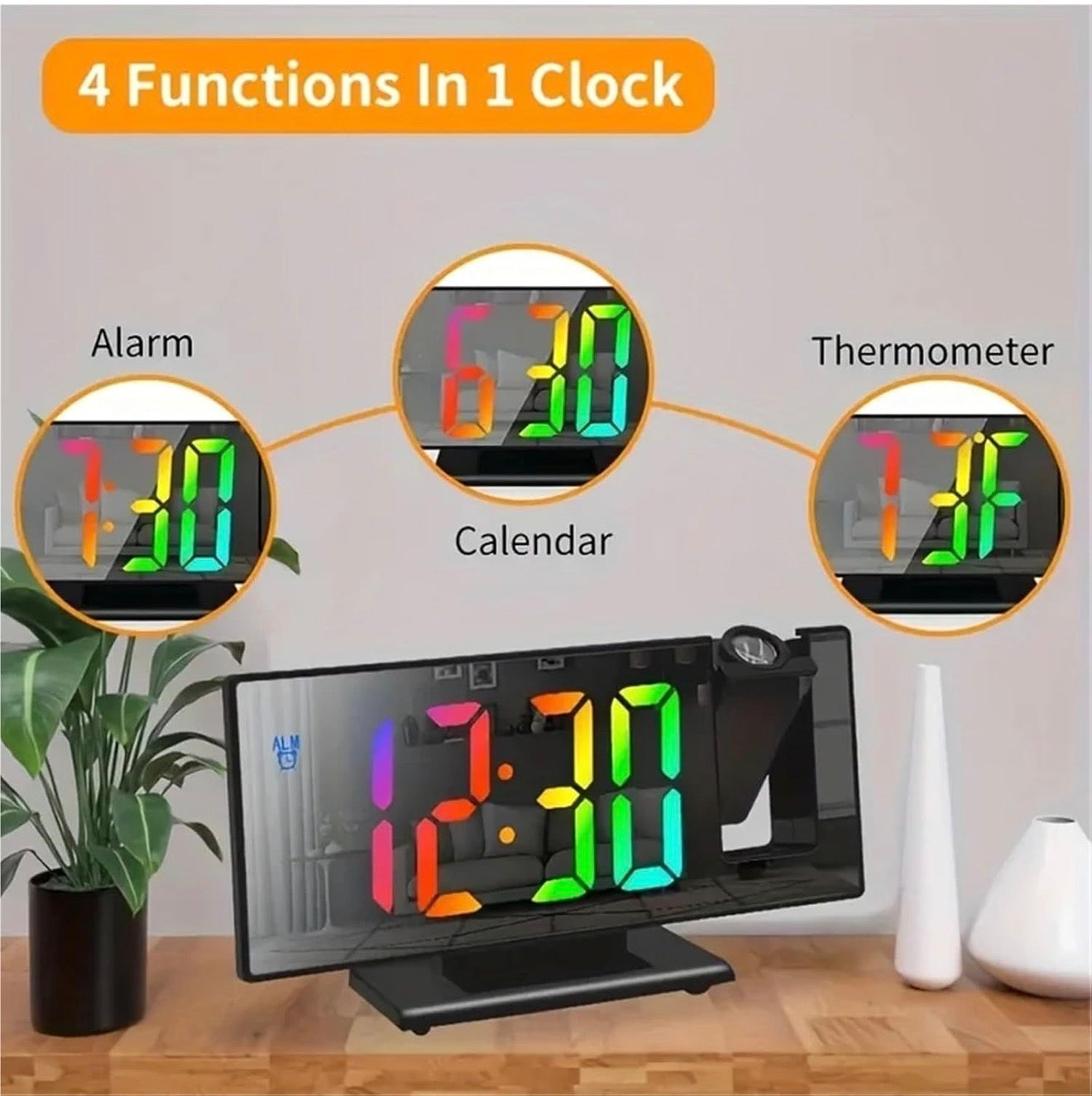 LED-Spiegel-Projektionswecker, Temperatur, Nachtmodus, USB, Snooze-Funktion