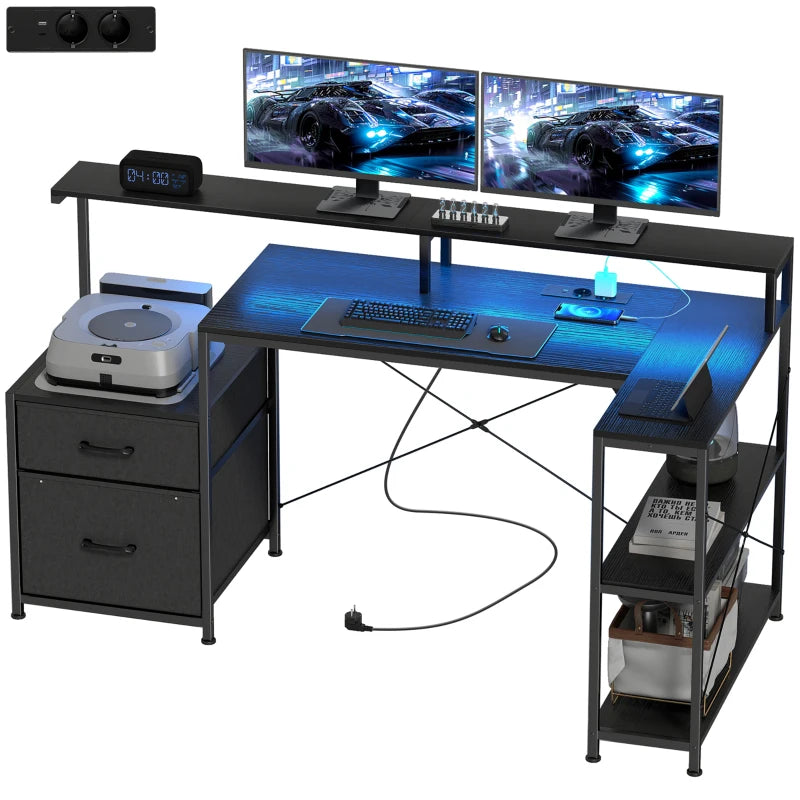 L-förmiger Gaming-Schreibtisch mit LED, Steckdosen & Monitorablage