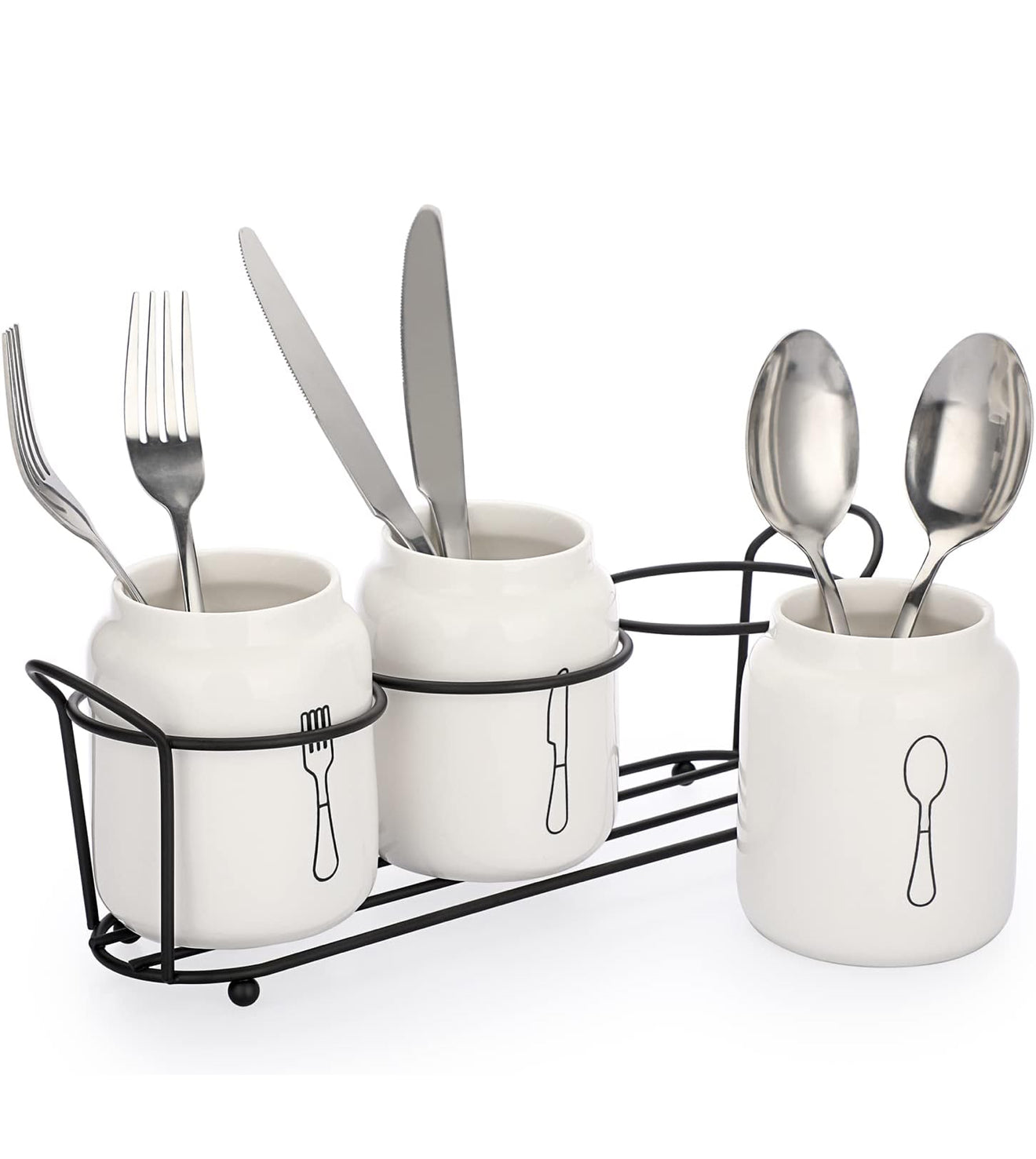 Besteckhalter aus Keramik 🥄 Gabel Messer Löffel + Metallständer Weiß Küche