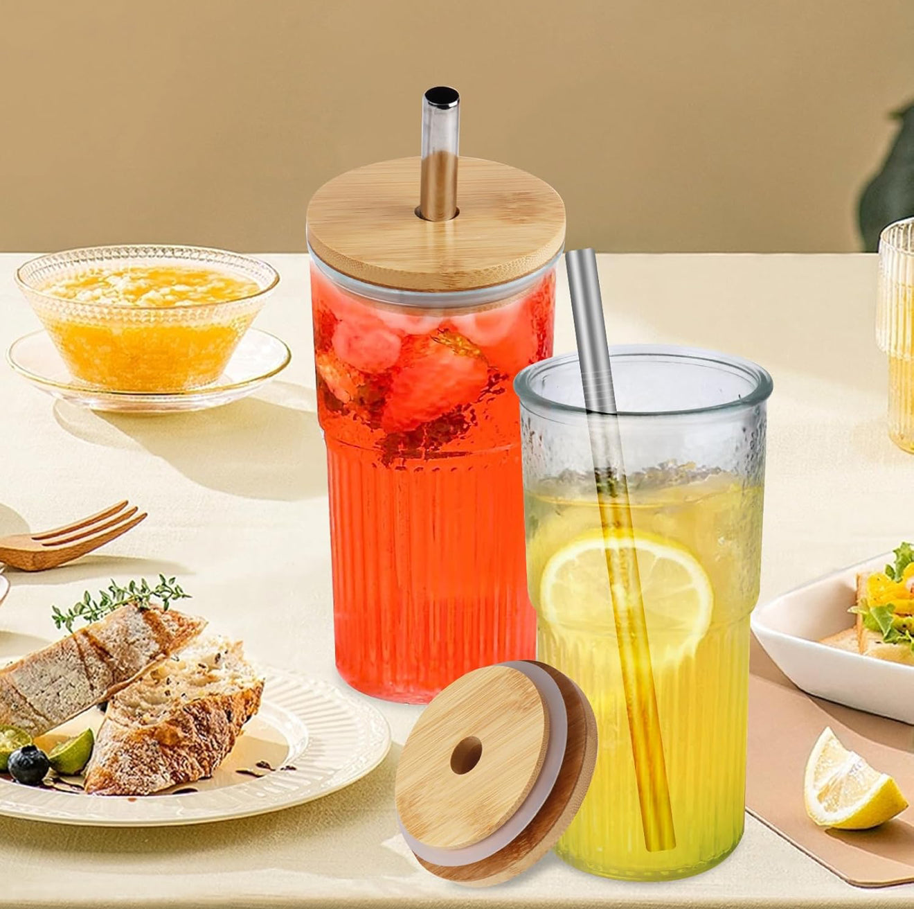 2x 600ml Boba Cup Glas Trinkbecher mit Bambusdeckel & Edelstahl Stronhalm Set