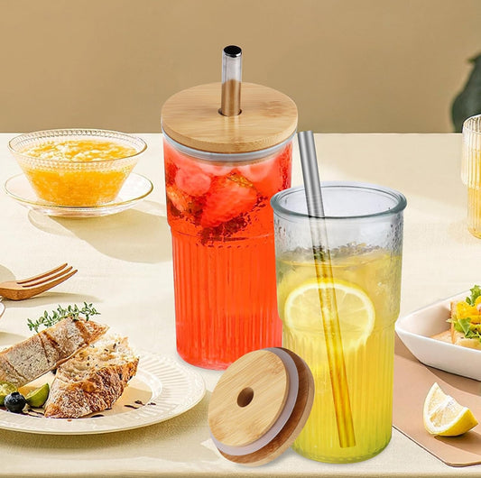 2x 600ml Boba Cup Glas Trinkbecher mit Bambusdeckel & Edelstahl Stronhalm Set