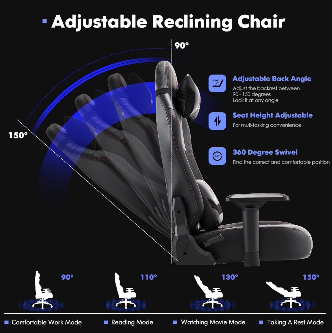 Ergonomischer Gaming-Stuhl mit Fußstütze – 159 kg belastbar, PU-Leder, große Sitzfläche, 3D-Armlehnen, verstellbare Rückenlehne (bis 150°), Home Office & Gaming