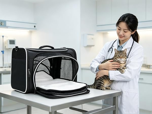 Erweiterbare Haustier Transporttasche Katze Hund Flugzeug Reisetasche Schwarz 40cm