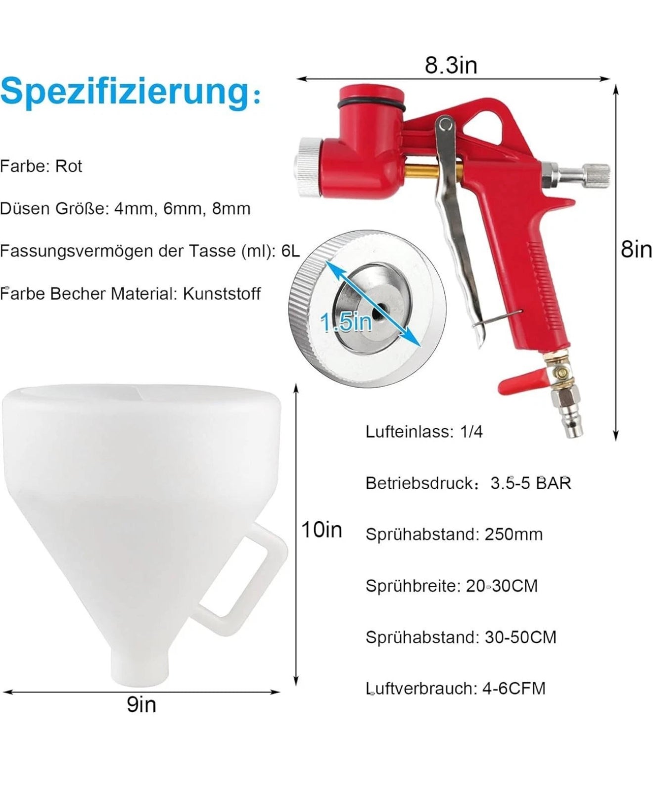 6L Trichterpistole Putzpistole Druckluft mit 3 Düsen 4/6/8 mm Wand Decke