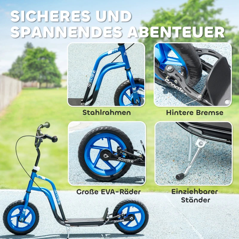 Kinderroller höhenverstellbar 5–12J, 12” Räder, Handbremse, Ständer