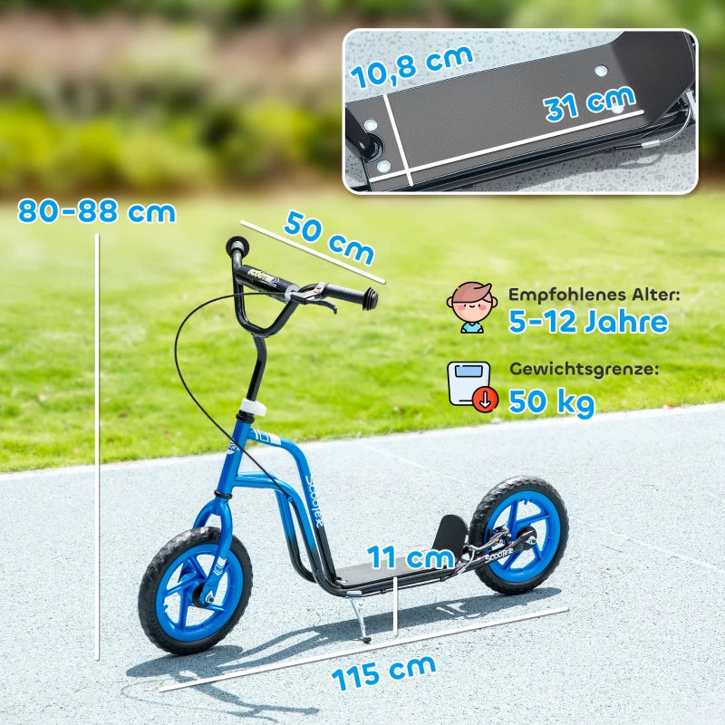 Kinderroller höhenverstellbar 5–12J, 12” Räder, Handbremse, Ständer