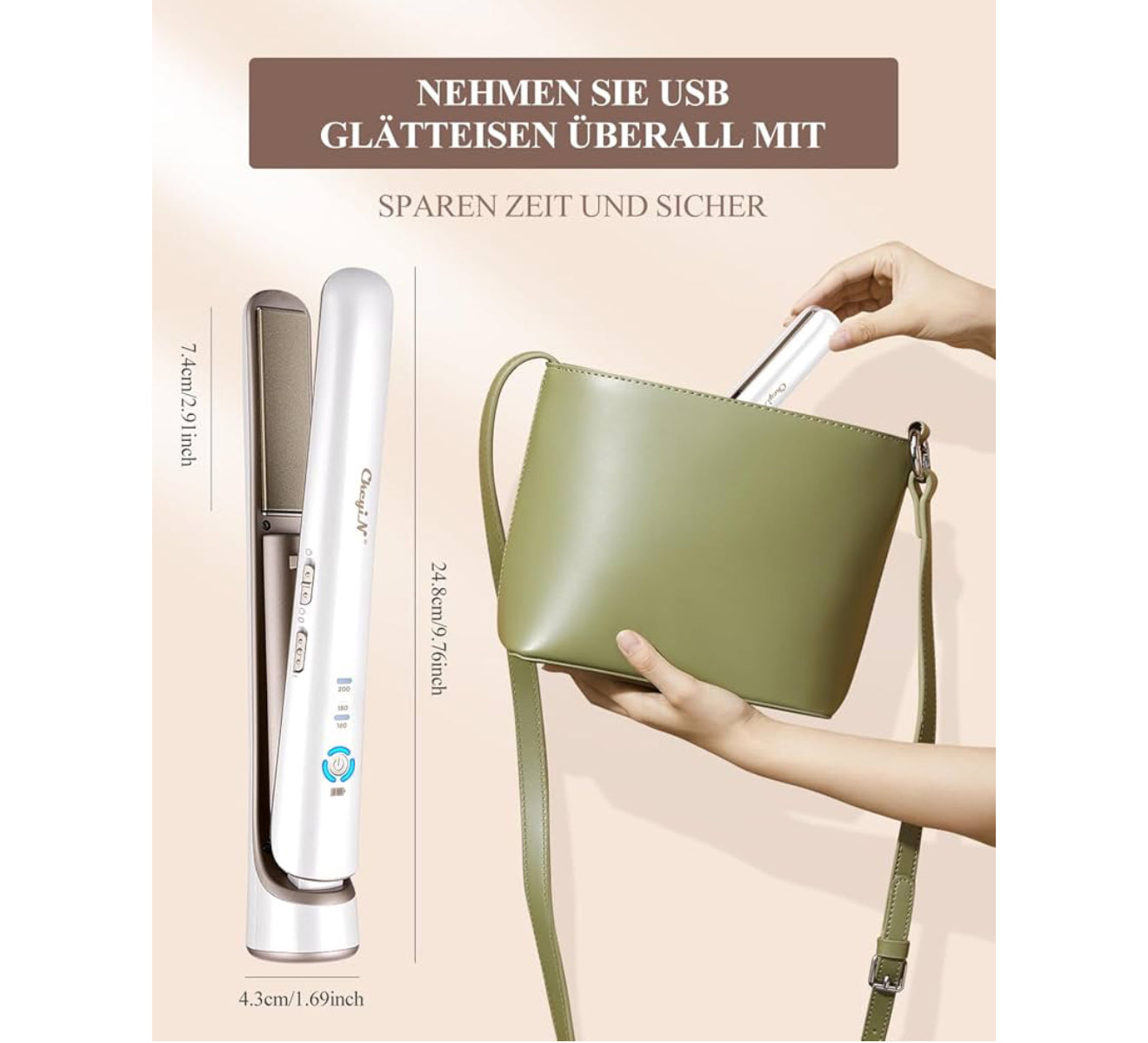 Kabelloses Glätteisen & Lockenstab 2-in-1 – Mini Haarglätter mit Keramikplatten, 5200 mAh Akku, USB-Aufladung, 3 Temperaturstufen – Für glattes & welliges Haar, Ideal für Reisen – Weiß