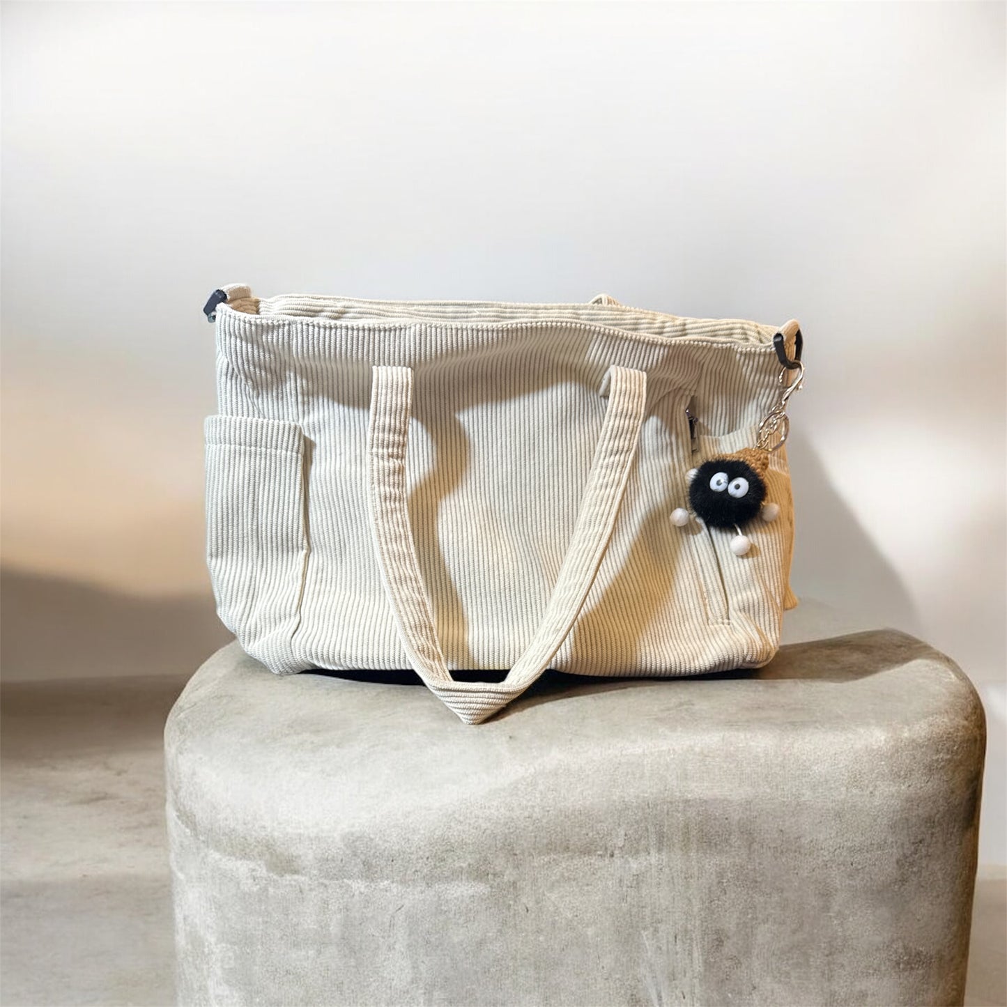 Cord Shopper Schultertasche Hobo Groß Schwarz/Beige mit Reißverschluss + Schlüsselanhänger