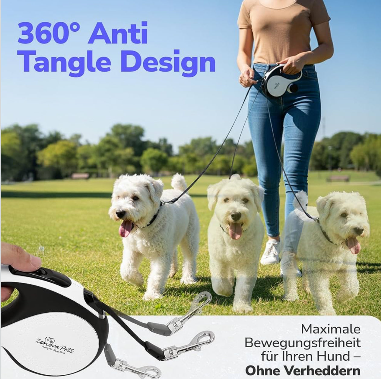 Hunde Rollleine 5m mit Kotbeutelhalter | Schnellbremse, rutschfest bis 30kg