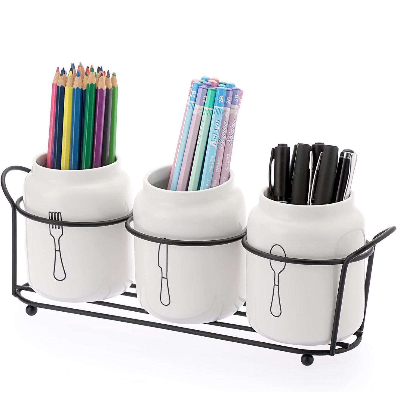 Besteckhalter aus Keramik 🥄 Gabel Messer Löffel + Metallständer Weiß Küche