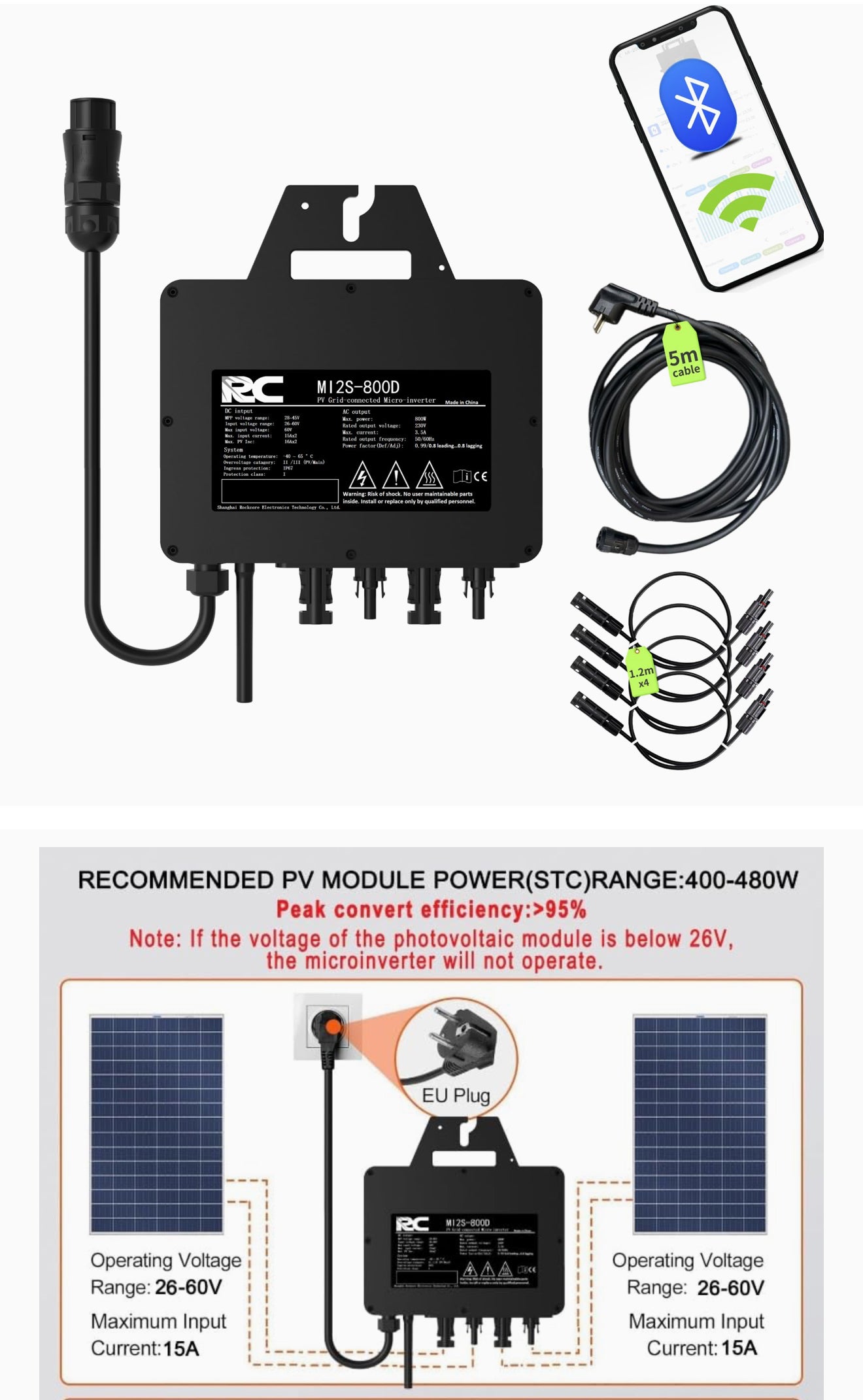 RC Mikroinverter 800W Solar Wechselrichter, 26–60V DC, MPPT, WiFi/Bluetooth, IP67, Balkonkraftwerk