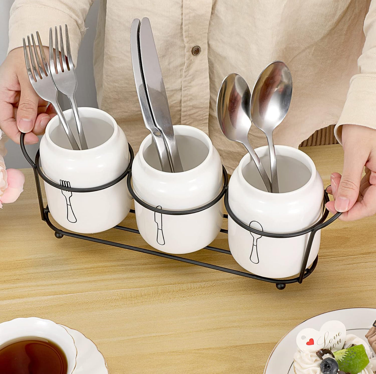 Besteckhalter aus Keramik 🥄 Gabel Messer Löffel + Metallständer Weiß Küche